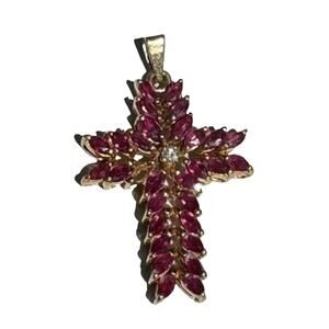 14k Gold Ruby Diamond Cross Pendant - 1 carat of rubies - vintage 3.2 grams